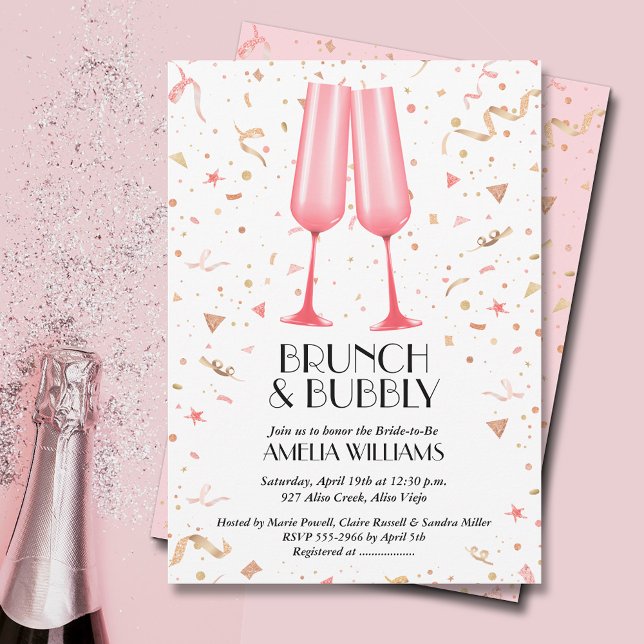 Convites Brunch e Chá de panela rosa-bolha (Brunch and Bubbly pink champagne bridal shower invitations)