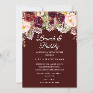 Convites Brunch E Champagne Burgundy Floral Chá de Noiva