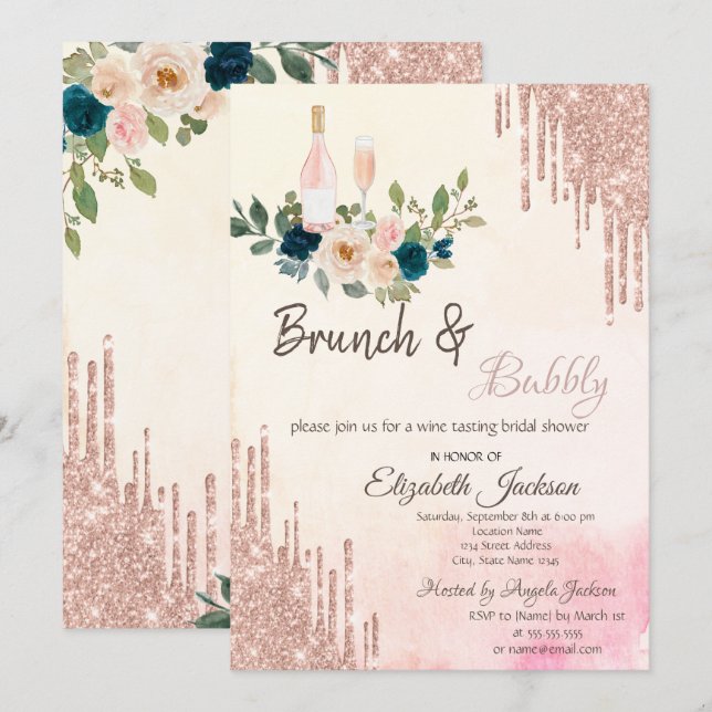 Convites Brunch e Espumante Bridal Shower com Gotejamento d (Frente/Verso)