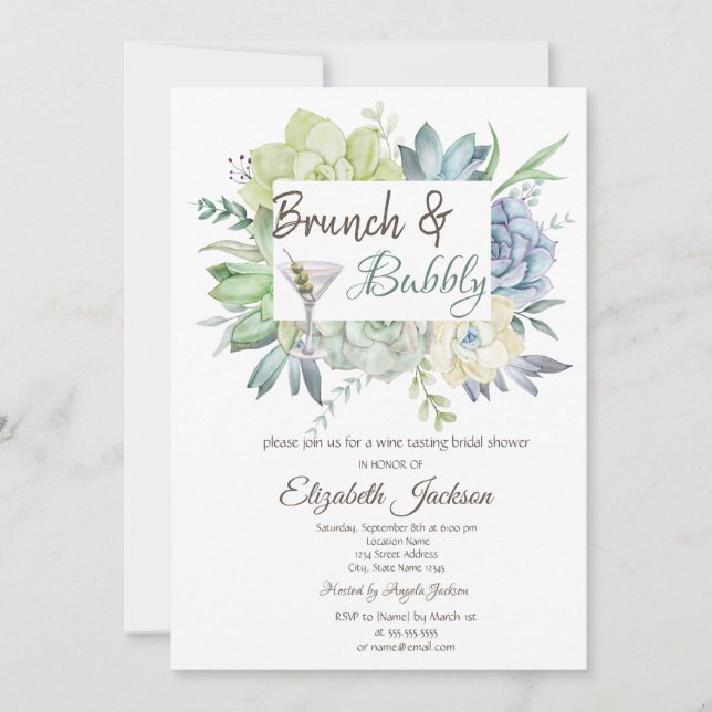 Convites Brunch e Espumante Watercolor Cactus Martini (Frente)