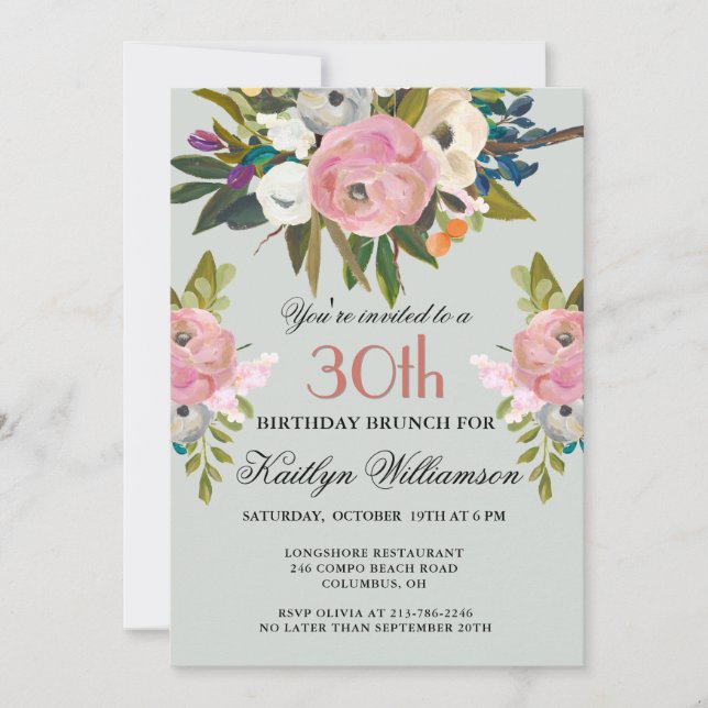 Convites Brunch Elegant Handpainted Floral 30th Birthday  (Frente)