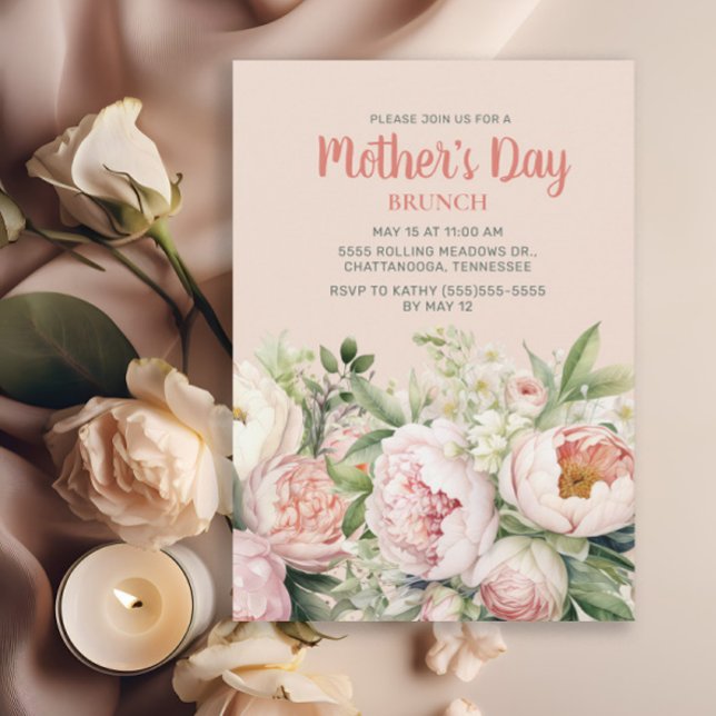 Convites Brunch Elegante de Dia das Mães com Flores Rosa (Elegant pink floral/peonies Mother's Day Brunch invitation)