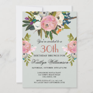 Convites Brunch Elegante Flores Pintadas à Mão para 30º Ani