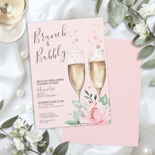 Convites Brunch Espumante Bege Rosado Floral Chá de Bebê de (Brunch Bubbly Blush Pink Floral Bridal Shower Invitation)