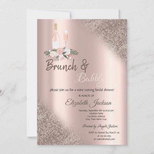 Convites Brunch & Espumante com Brilho em Dourado Rosado e  (Frente)
