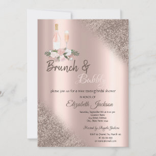 Convites Brunch & Espumante com Brilho em Dourado Rosado e