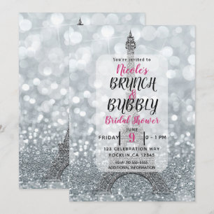 Convites Brunch Espumante com Brilho Prateado Torre Eiffel 