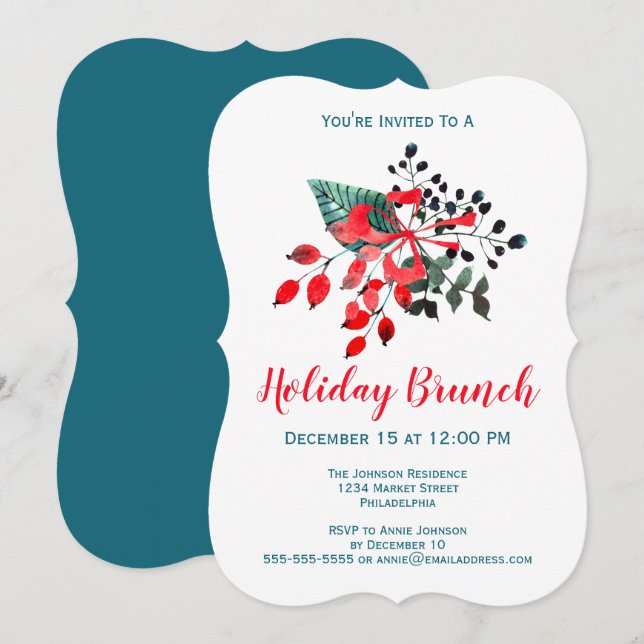 Convites Brunch Event Winter Florals & Berries Red and Teal (Frente/Verso)