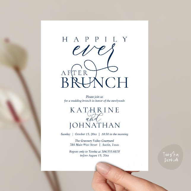 Convites Brunch Feliz para Sempre Após Casamento às Pressas (Happily Ever After Brunch Post Wedding Elopement Reception Invitation Card in Navy Blue)