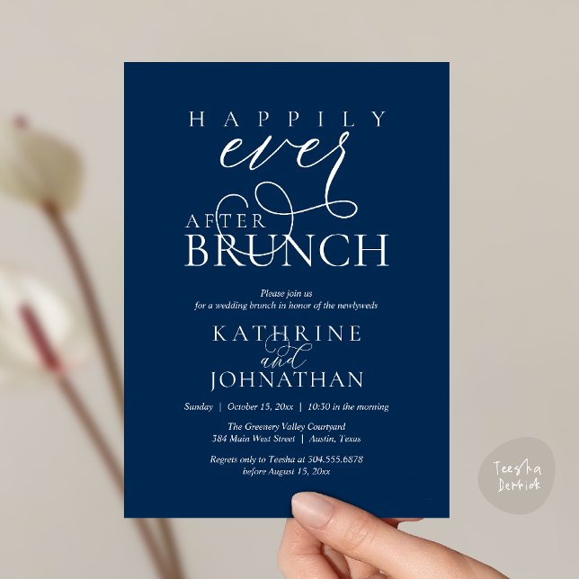 Convites Brunch Feliz para Sempre Após Casamento às Pressas (Happily Ever After Brunch Post Wedding Elopement Reception Invitation Card in Navy Blue)