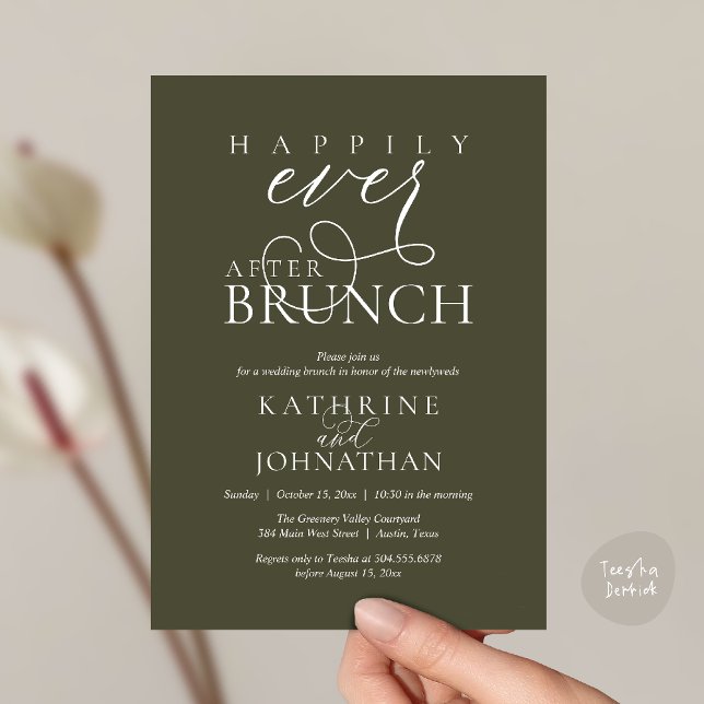 Convites Brunch Feliz para Sempre Após Casamento às Pressas (Happily Ever After Brunch Post Wedding Elopement Reception Invitation Card in Olive Green)
