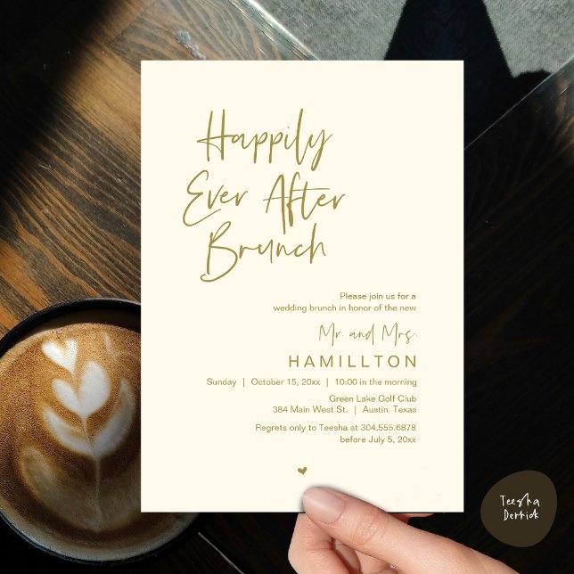 Convites Brunch Feliz para Sempre na Manhã Seguinte (Happily Ever After Brunch The Morning After Invitation Card PDF Newlyweds in Aesthetic Yellow Gold)