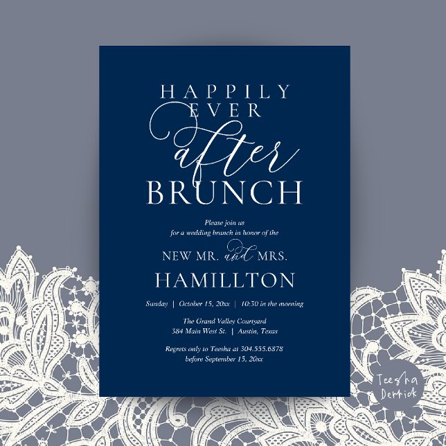 Convites Brunch Feliz para Sempre Pós-Casamento Moderno (Happily Ever After Brunch Modern Post Wedding Invitation Card in Navy Blue)