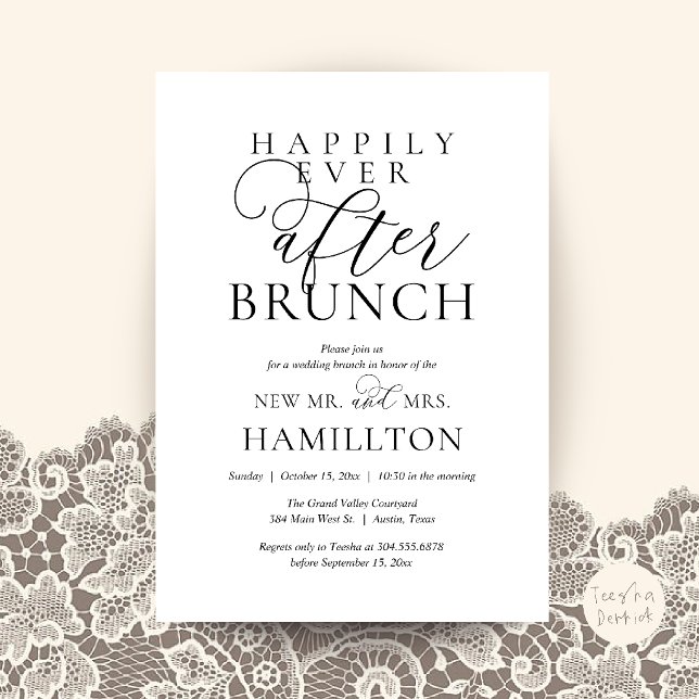 Convites Brunch Feliz para Sempre Pós-Casamento Moderno (Happily Ever After Brunch Modern Post Wedding Invitation Card in Black and white)