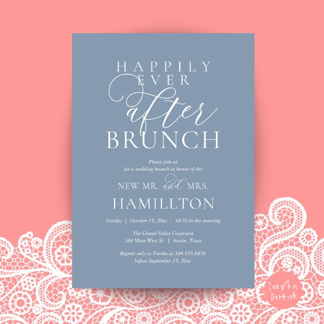Convites Brunch Feliz para Sempre Pós-Casamento Moderno (Happily Ever After Brunch Modern Post Wedding Invitation Card in Dusty Blue)