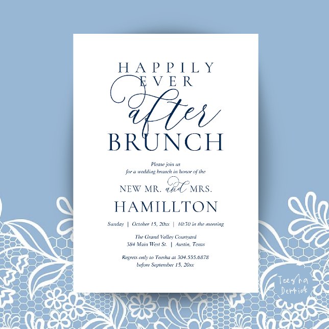 Convites Brunch Feliz para Sempre Pós-Casamento Moderno (Happily Ever After Brunch Modern Post Wedding Invitation Card in navy Blue)