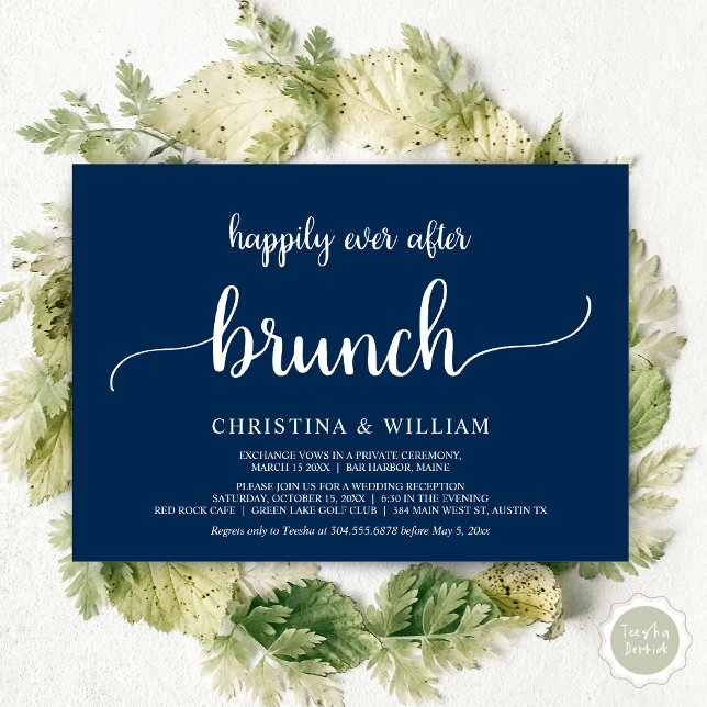 Convites Brunch Felizes para Sempre, Casamento às Pressas,  (Happily ever after brunch, Modern wedding, invitation card, PDF, in Navy Blue)