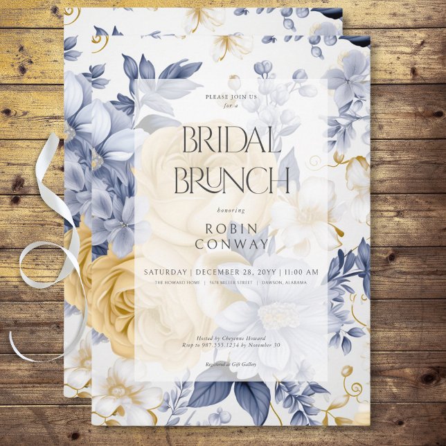 Convites Brunch Floral Amarelo Romântico Azul e Branco (Romantic Yellow Blue & White Floral Bridal Brunch Invitation)