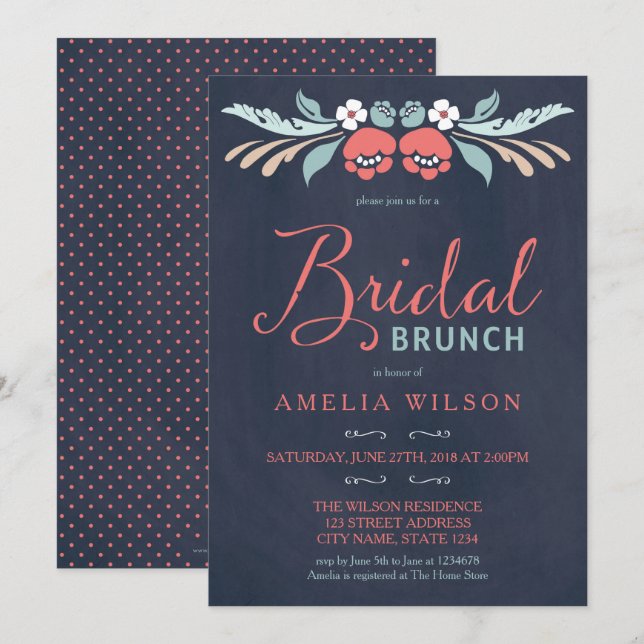 Convites Brunch Floral Bridal Chalkboard Bluish (Frente/Verso)