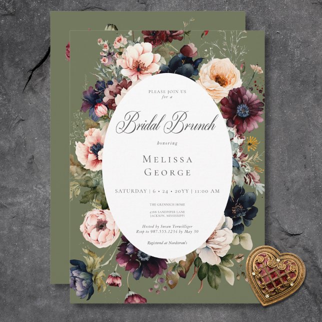 Convites Brunch Floral Bridal, Oval Verde Escuro (Dark Green Oval Floral Frame Bridal Brunch Invitation)