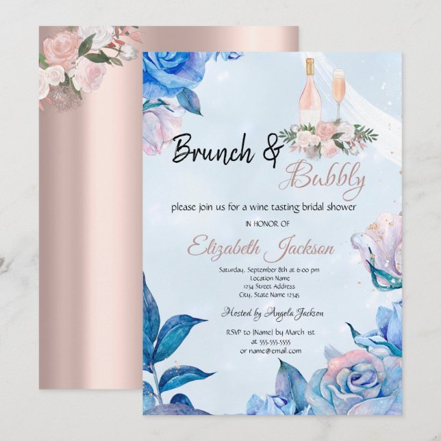 Convites Brunch Floral & Brinde Azul no Chá de Noiva (Frente/Verso)