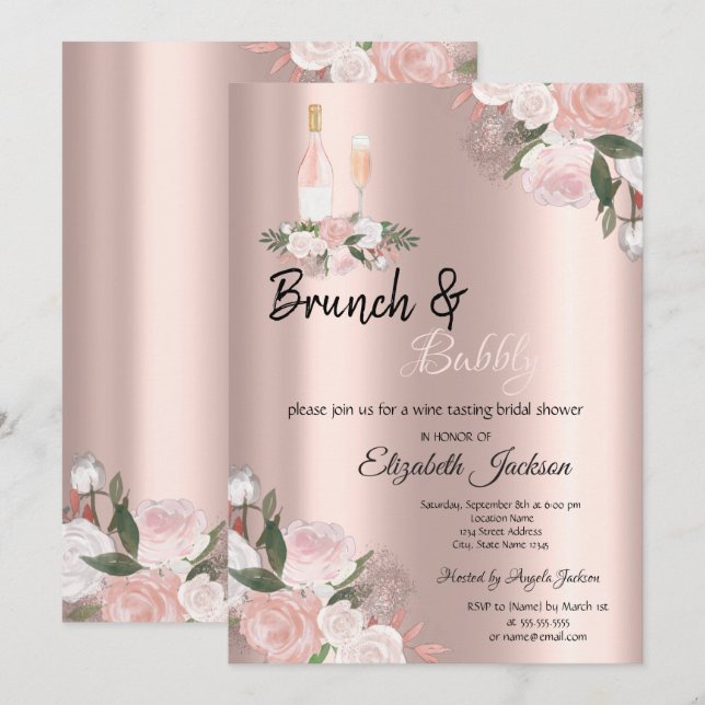 Convites Brunch Floral & Chá de Noiva com Espumante (Frente/Verso)