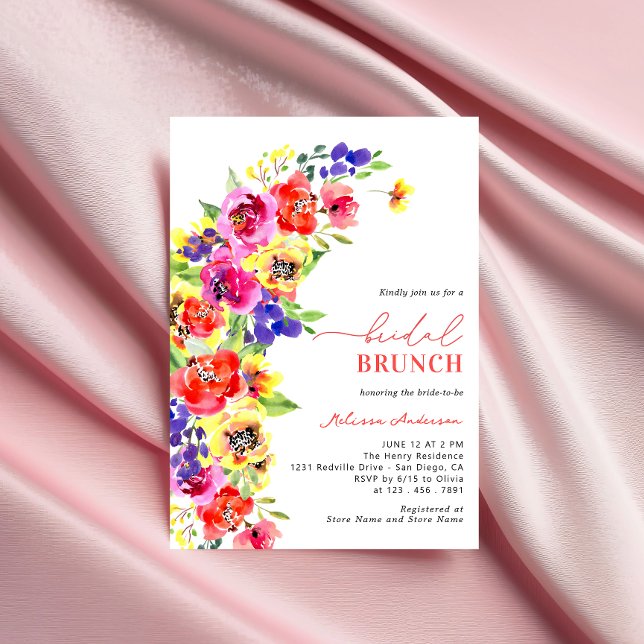 Convites Brunch Floral Colorido de Água Brilhante (Criador carregado)