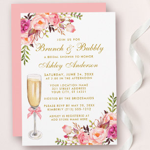 Convites Brunch Floral Cor-de-Rosa chá de panela Dourado