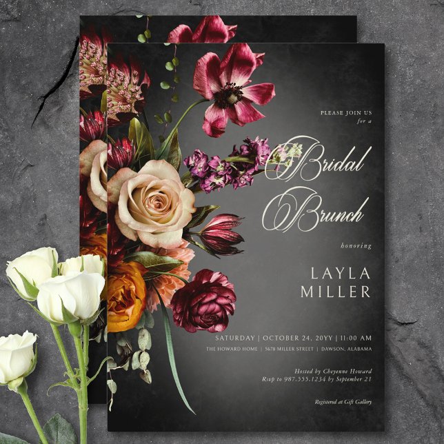 Convites Brunch Floral de Brida Floral de Outono Escuro Ele (Dark Elegant Blur Autumn Floral Bridal Brunch Invitation)