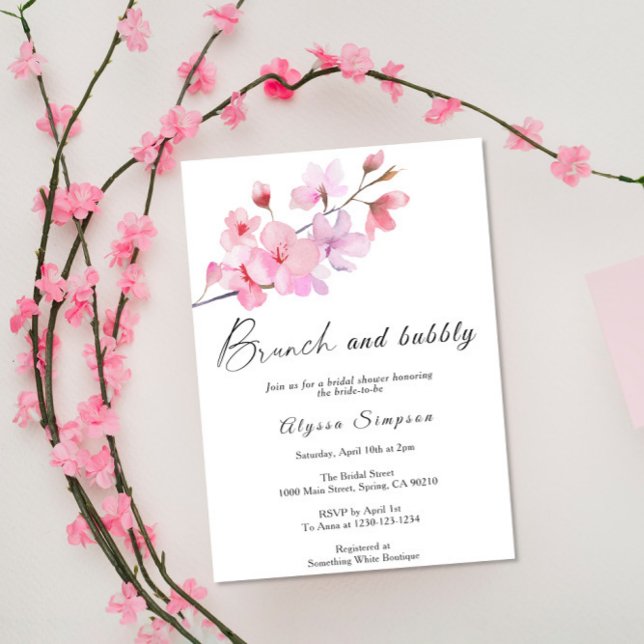 Convites Brunch Floral de Cerejeira e Bubbly (Criador carregado)