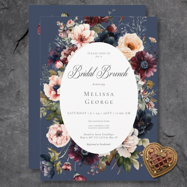 Convites Brunch Floral de Frame Floral Azul Escuro (Dark Blue Oval Floral Frame Bridal Brunch Invitation)