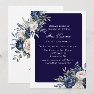 Convites Brunch Floral de marinho Azul e Marfim e Bubble