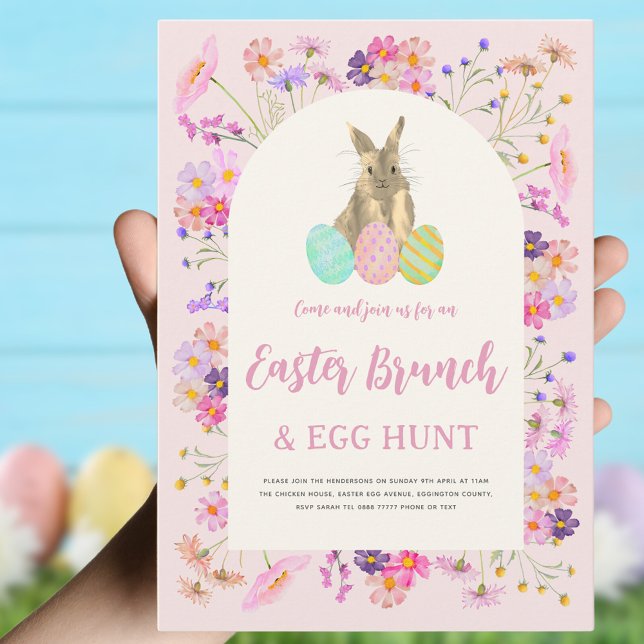 Convites Brunch Floral de Páscoa e Caça aos Ovos (Easter brunch and egg hunt boho wildflowers and bunny pink invitation )