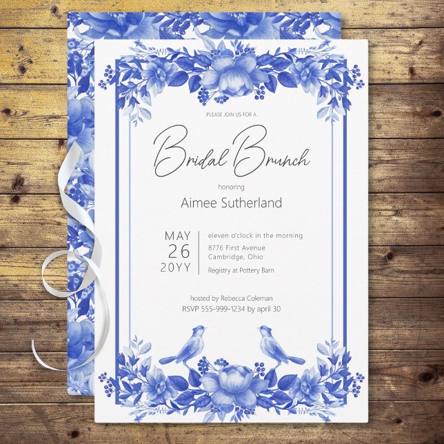 Convites Brunch Floral de Porcelana Bridal Azul e Branco (Blue & White Floral Porcelain Bridal Brunch Invitation)