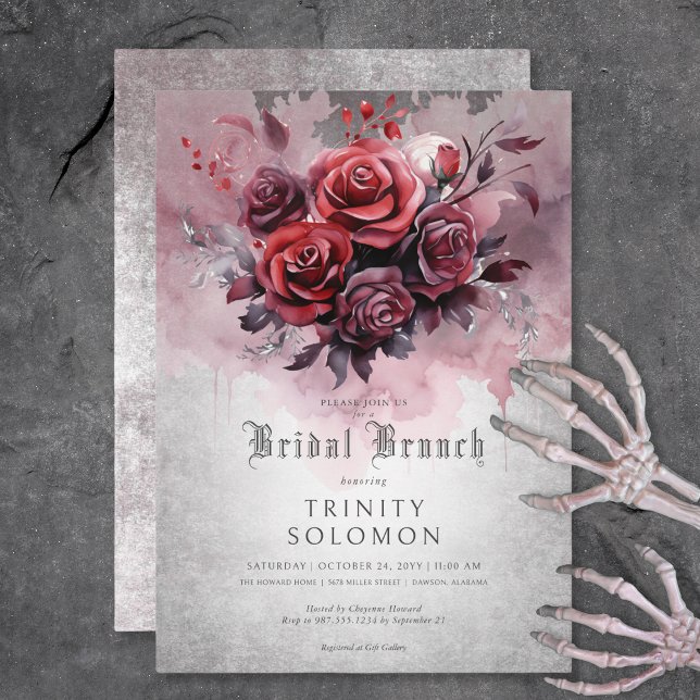 Convites Brunch Floral de Preto e Rosa vermelha Gótico (Gothic Black & Red Rose Floral Bridal Brunch Invitation)