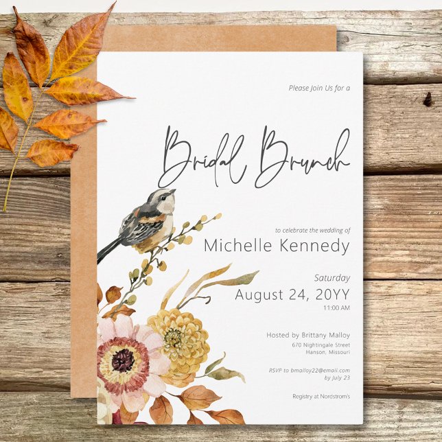 Convites Brunch Floral e Bridal de Pássaro Moderno (Modern Fall Floral & Bird Bridal Brunch Invitation)