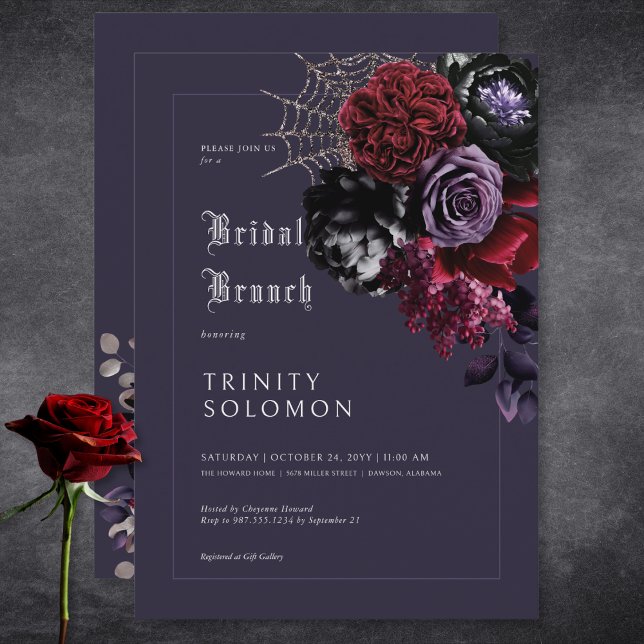 Convites Brunch Floral e Silver Roxo Escuro (Dark Purple Floral & Silver Web Bridal Brunch Invitation)