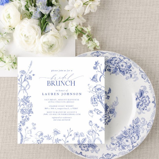 Convites Brunch Floral Floral Bridal Azul e Branco (Easily personalize this Regency or Bridgerton style brunch invitation for the perfect celebration!)