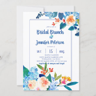 Convites Brunch Floral Floral Elegante Azul e Pêssego