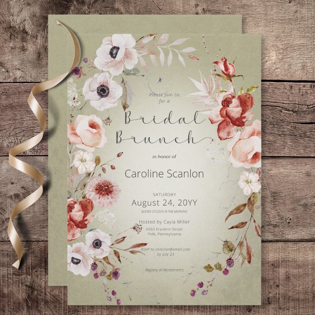 Convites Brunch Floral Floral Romântico Rosa Verde (Romantic Rose Green Floral Bridal Brunch Invitation)
