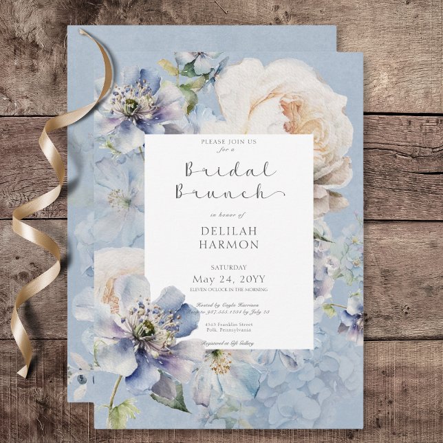 Convites Brunch Floral Floral Russo Azul e Branco (Rustic Romantic Blue & White Floral Bridal Brunch Invitation)