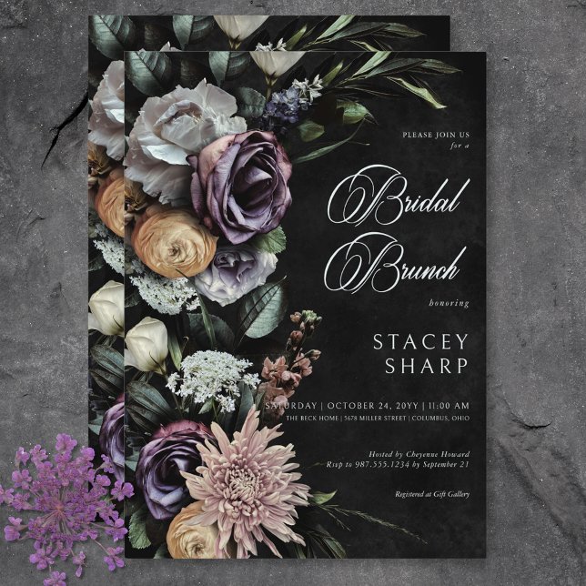 Convites Brunch Floral Misterioso Muted Gótico Escuro (Dark Gothic Mysterious Muted Floral Bridal Brunch Invitation)