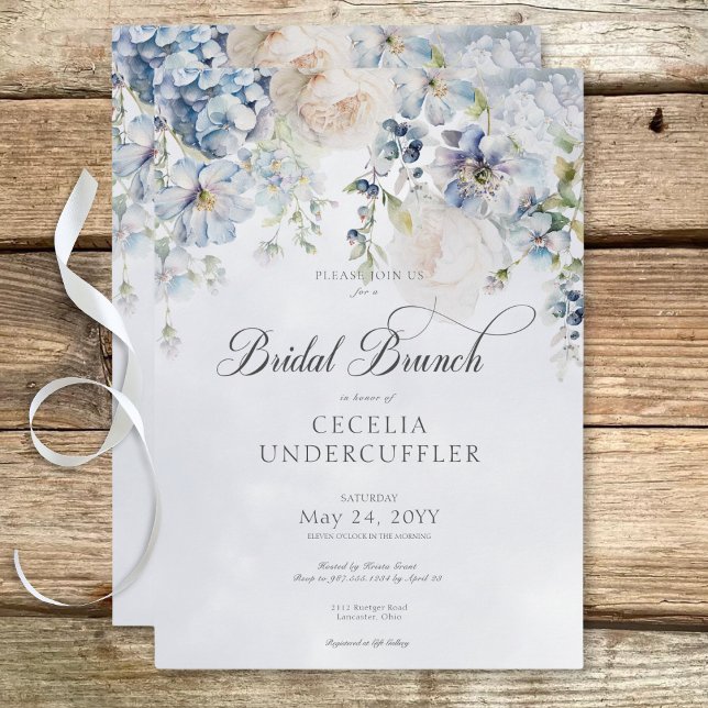 Convites Brunch Floral Moderno Floral Azul e Branco (Blue & White Floral Modern Bridal Brunch Invitation)