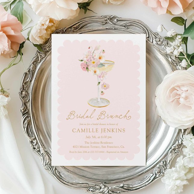 Convites Brunch Floral Rosa Elegante (Pink Floral Bridal Brunch Invitation)