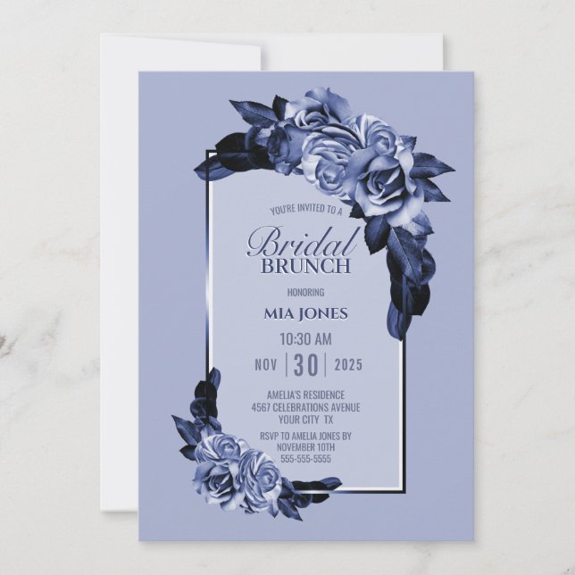 Convites Brunch Floral Rosa Floral Dusty Blue (Frente)