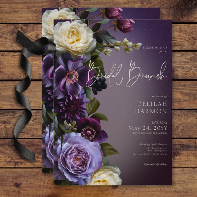Convites Brunch Floral Roxo e Lavanda Escuro (Dark Moody Purple & Lavender Floral Bridal Brunch Invitation)