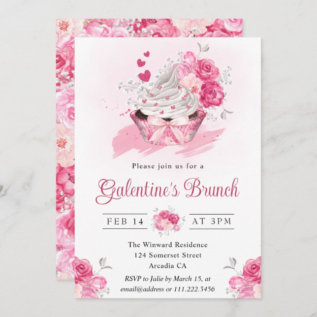 Convites Brunch Galentine de Bolo-de-Aquarela e Flores (Frente/Verso)
