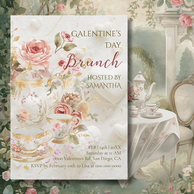 Convites Brunch Galentine de Chá Floral Rococó Pastéis Suav (Criador carregado)