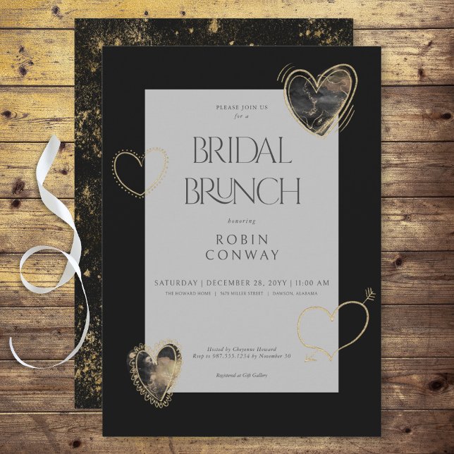 Convites Brunch Mínimo de Negra e Corações Dourados Moderno (Modern Minimal Black & Gold Hearts Bridal Brunch Invitation)