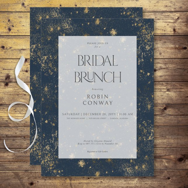 Convites Brunch Mínimo Moderno Azul e Dourado Bridal (Modern Minimal Blue & Gold Glitter Bridal Brunch Invitation)